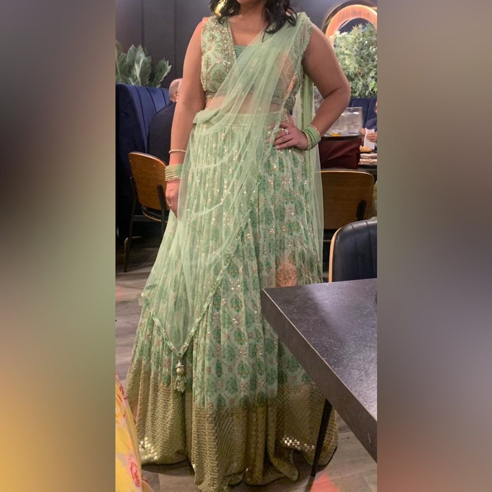 Elegant Green + Light Gold Embroidered Women's Lehenga / lengha - Size 38